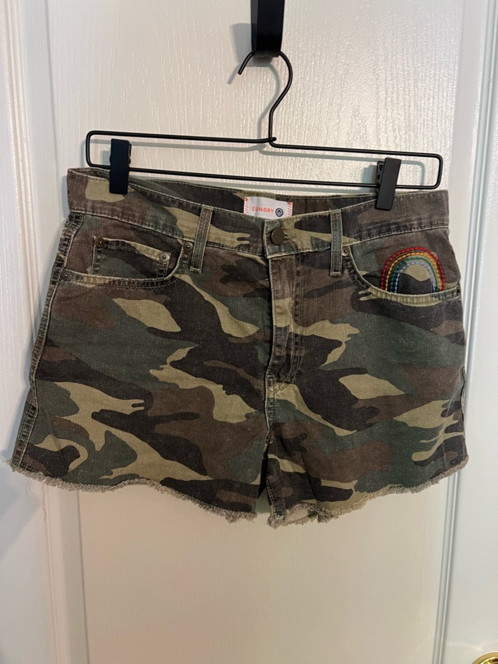 Sundry Olive Camo Denim Cutoff Shorts with Rainbow Pocket Detail